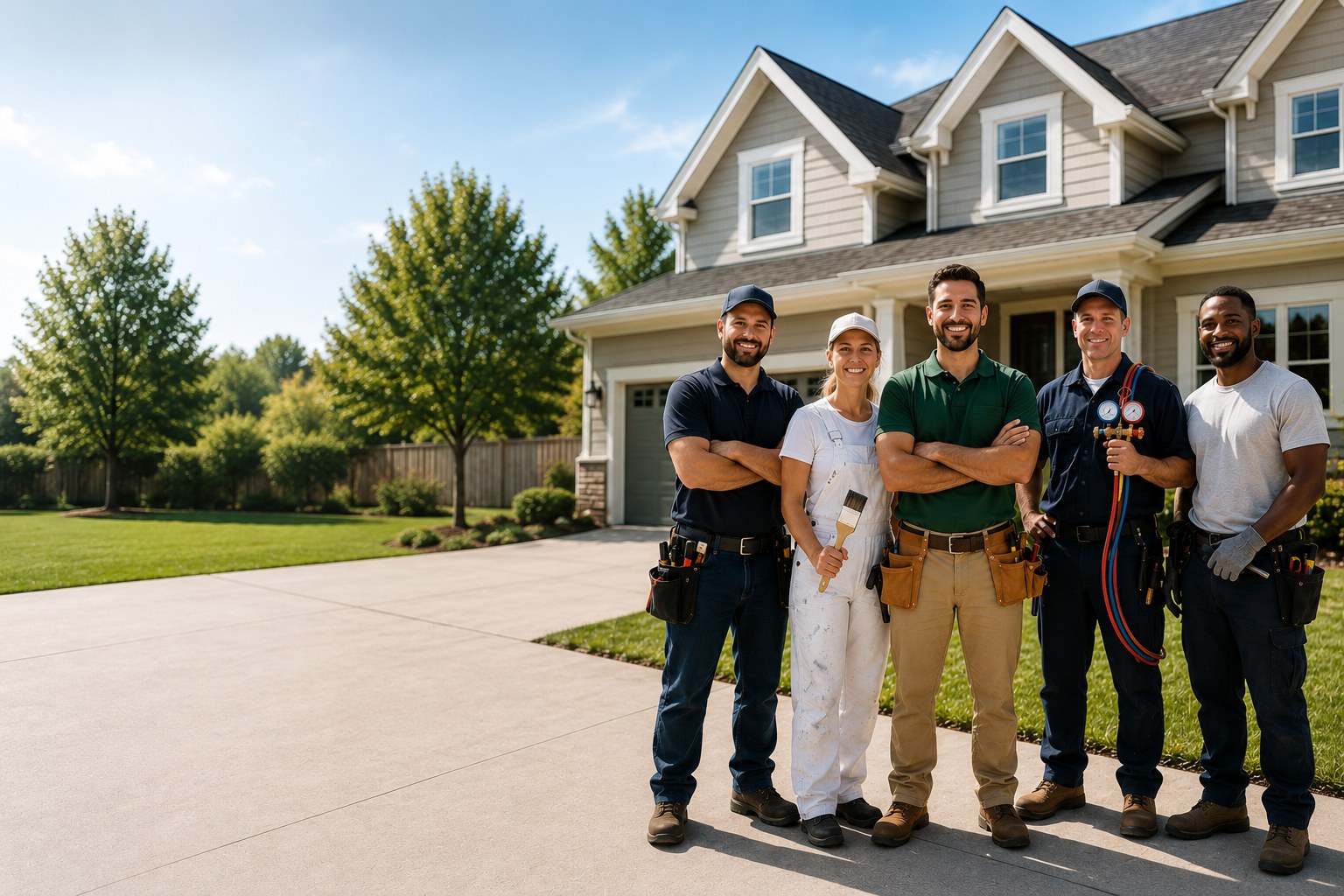 A plumber, painter, HVAC technician, and other home service professionals standing together in front of a house